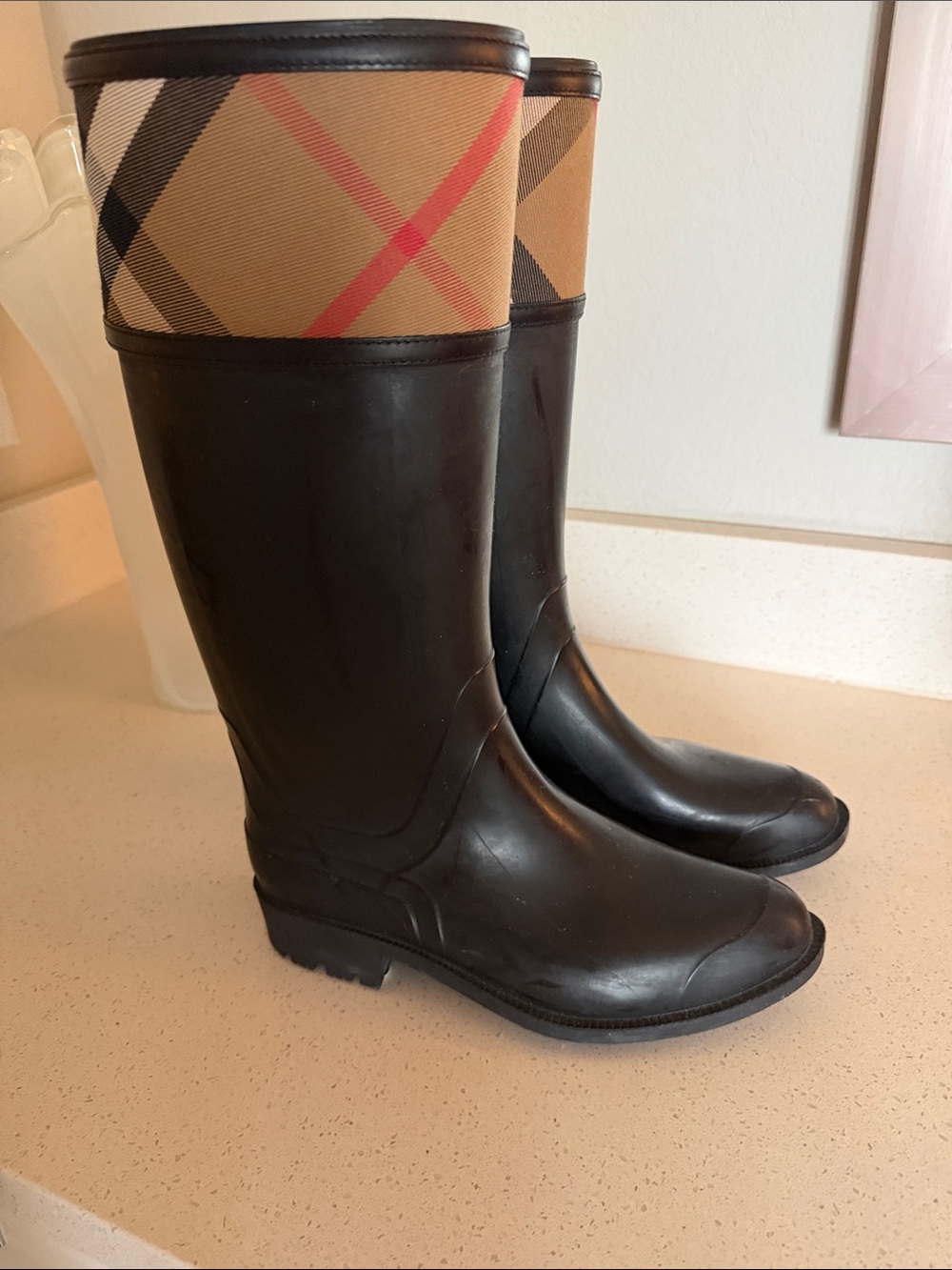 Burberry Black Rain Boots with Classic Tan Plaid Cuff
